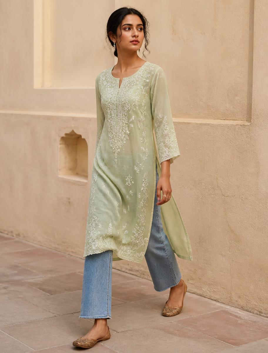 Madeeha Chikan kurta styled in a Lucknow courtyard