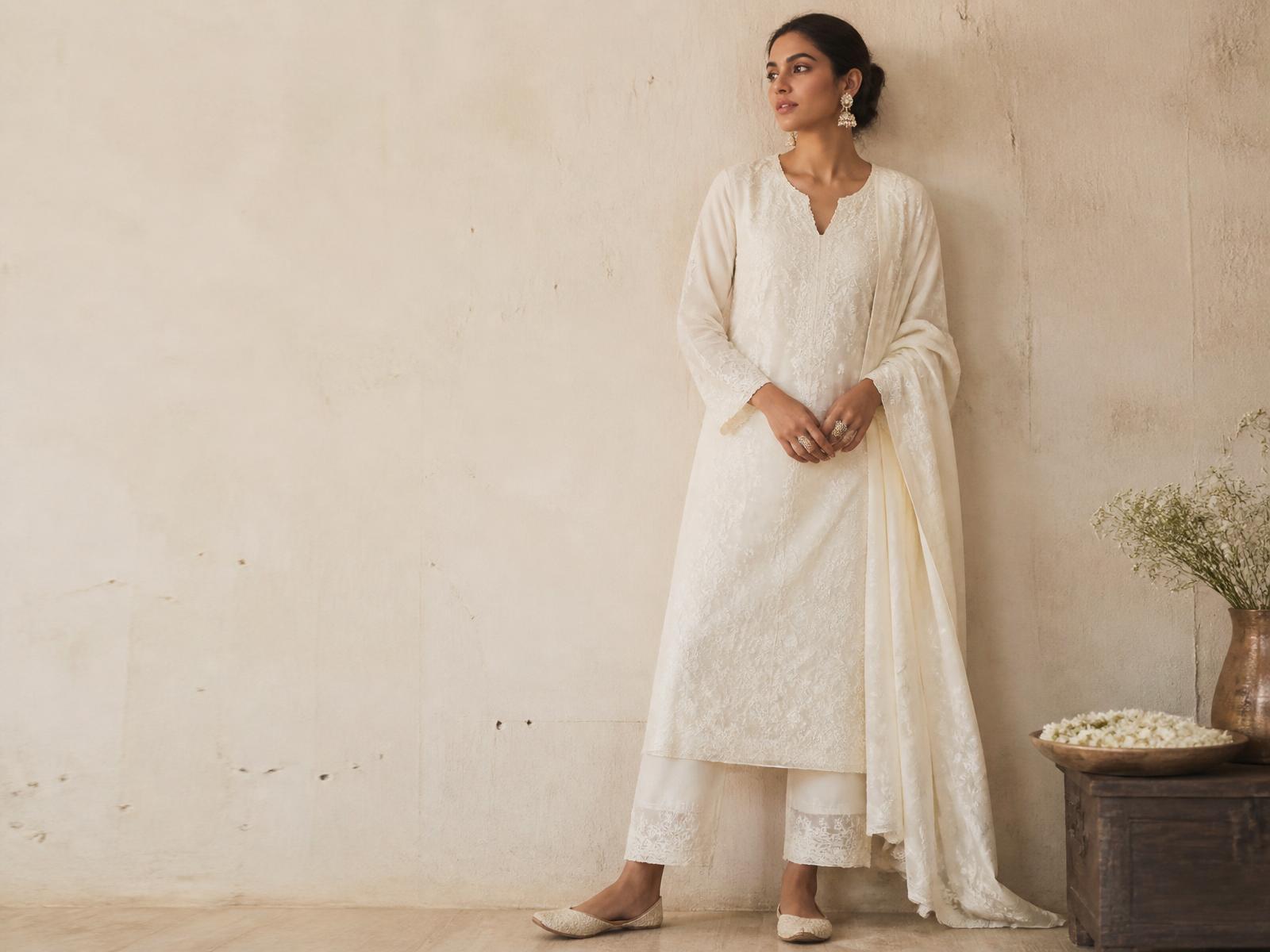 Model wearing an ivory hand-embroidered Chikankari set