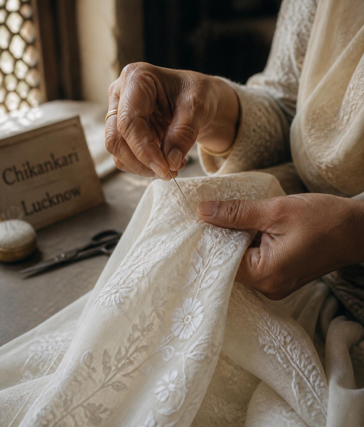 Artisan hands embroidering Chikankari on ivory cotton